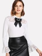 Shein Bow Embellished Lace Yoke And Cuff Top