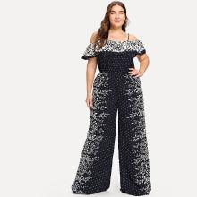 Shein Plus Flounce Off Shoulder Mixed Print Palazzo Jumpsuit