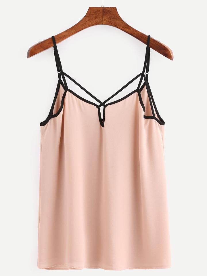 Shein Contrast Trim Lattice Chiffon Cami Top - Pink