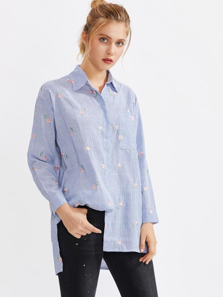 Shein Botanical Embroidered Pinstripe High Low Shirt