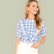 Shein Mock Neck Ruffle Trim Plaid Top