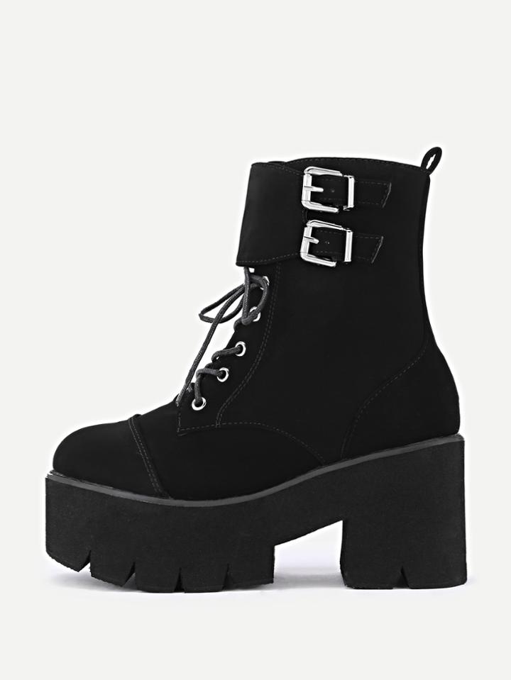 Shein Double Side Buckle Lace Up Suede Boots