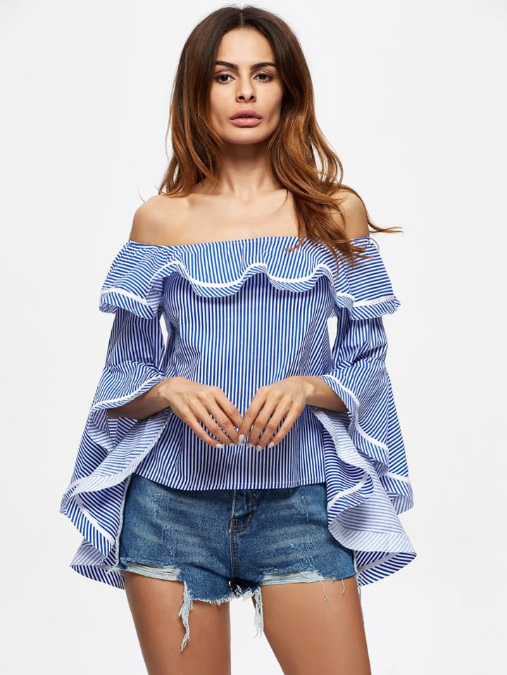 Shein Flounce Layered Neckline Trumpet Sleeve Striped Top