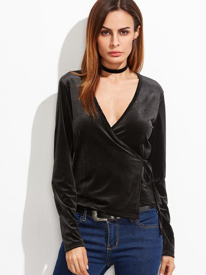 Shein Black Deep V Neck Wrap Velvet T-shirt