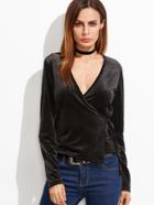 Shein Black Deep V Neck Wrap Velvet T-shirt