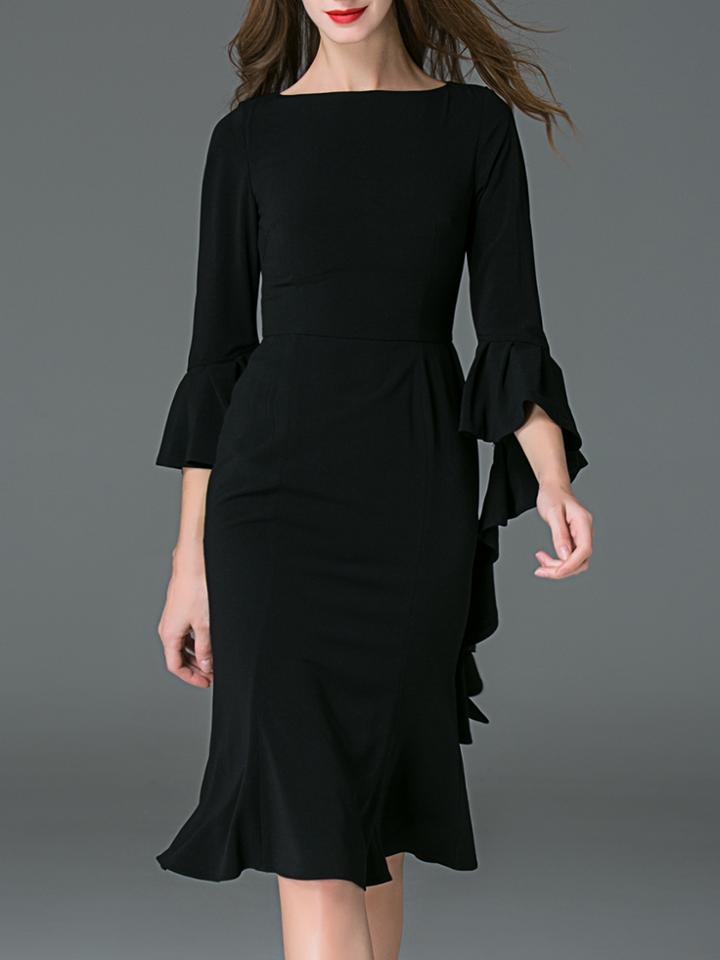 Shein Black Boat Neck Ruffle Sleeve Frill Dress