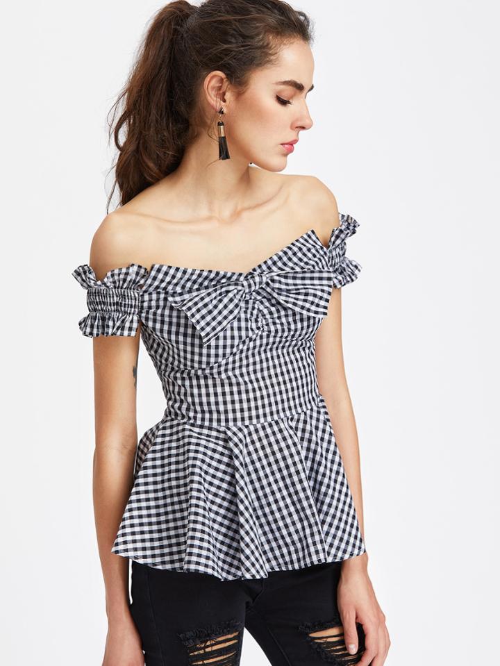 Shein Bow Front Shirred Ruffle Sleeve Gingham Peplum Top