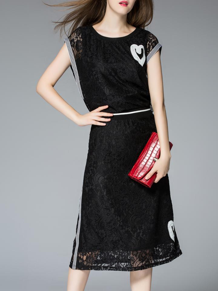 Shein Black Elastic-waist Lace Dress