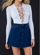 Rosewe Lace Up Plunging Neck White T Shirt