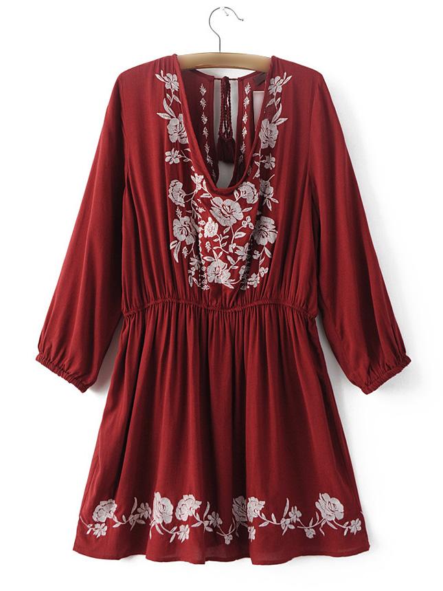 Shein Burgundy Elastic Cuff Embroidery Tassel Tie Back Dress