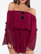 Shein Burgundy Off The Shoulder Lace Crochet Hollow Romper