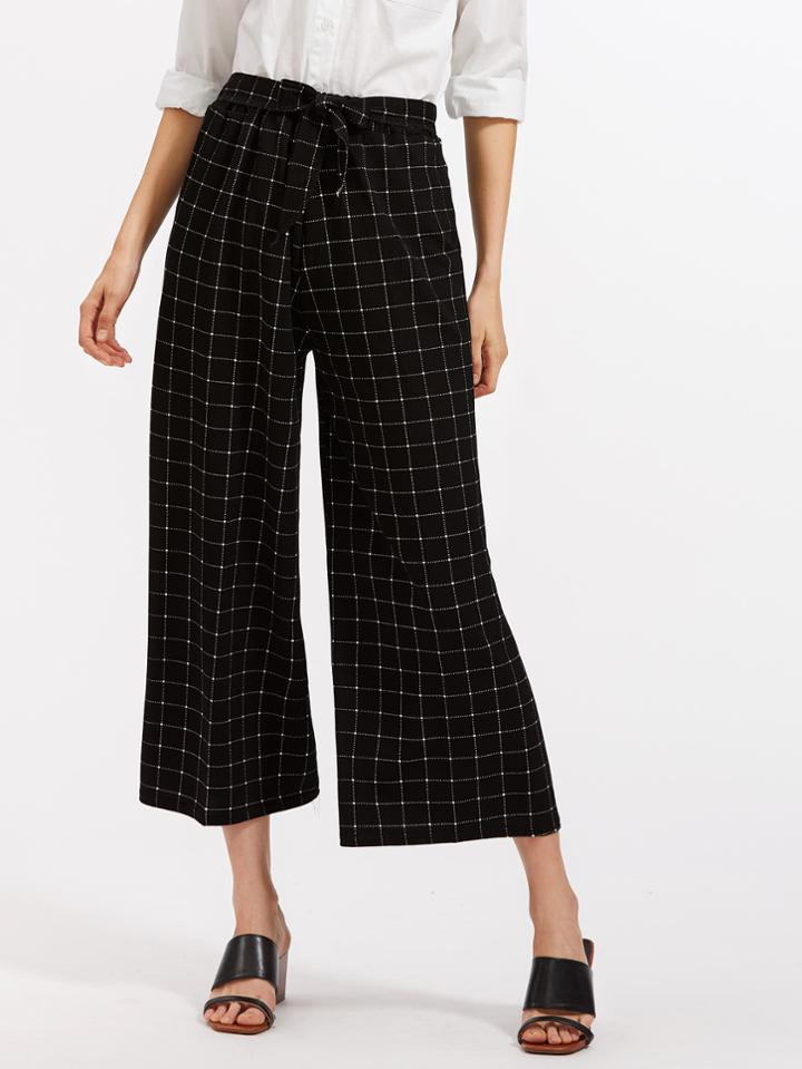 Shein Windowpane Print Tie Waist Wide Leg Pants