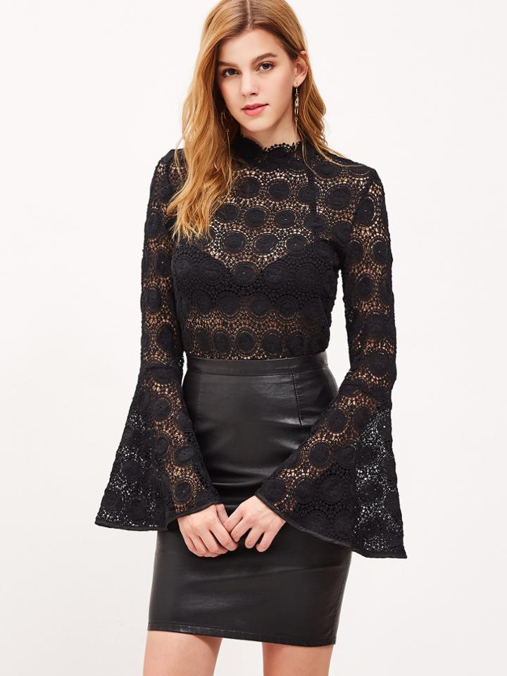 Shein Black Keyhole Back Bell Sleeve Hollow Out Circle Crochet Top