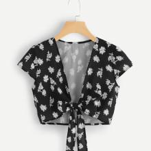 Shein Flower Print Knot Crop Blouse
