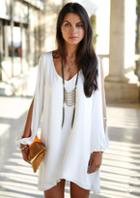 Shein V Neck Split Sleeve Chiffon Styles White Dress