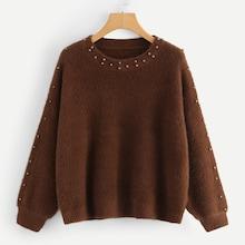 Shein Lantern Sleeve Beaded Fluffy Sweater