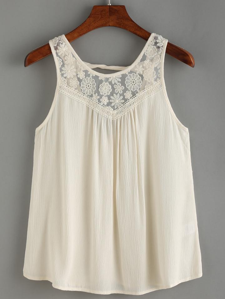 Shein Apricot Embroidered Cut Out Back Tank Top