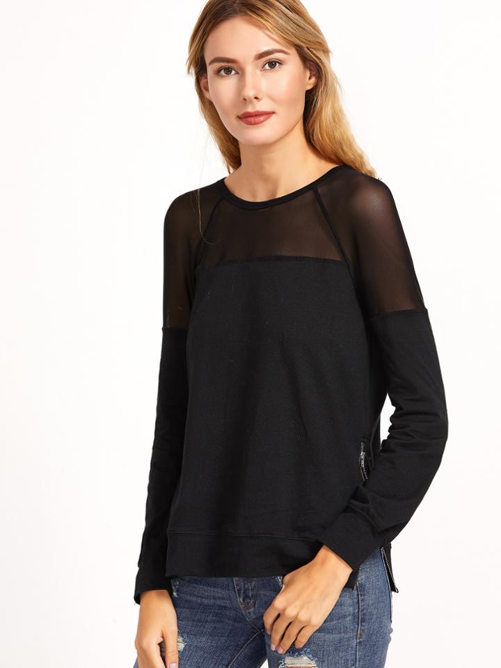 Shein Black Mesh Yoke Zip Slit Side Sweatshirt