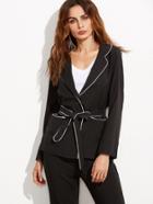 Shein Black Belted Blazer With Contrast Piping