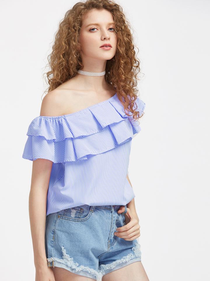 Shein Asymmetrical Off Shoulder Pinstripe Layered Frill Trim Top