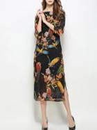 Shein Black Birds Flowers Print Split Dress