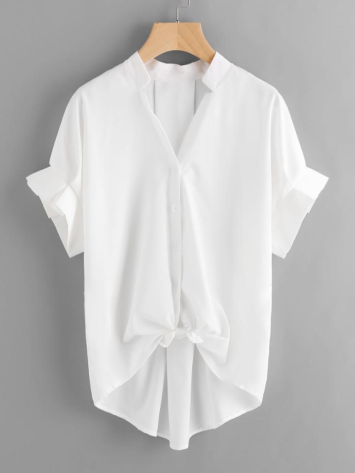 Shein Frill Cuff Knot Front Dip Hem Blouse
