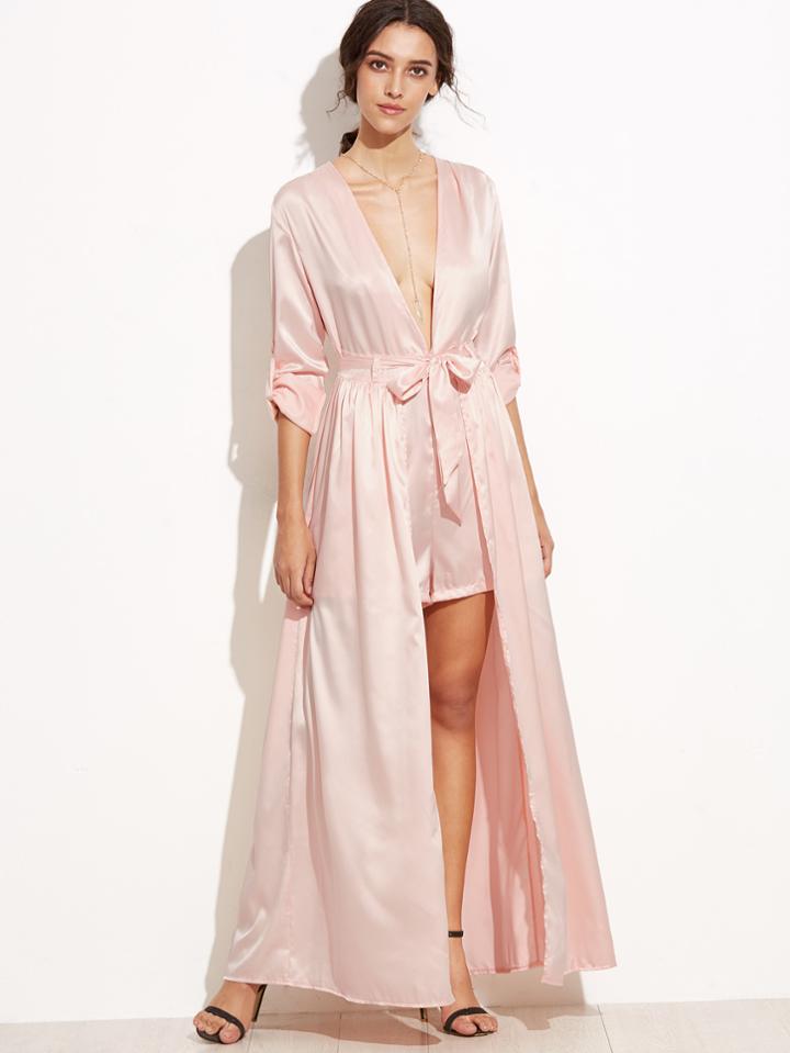 Shein Deep V Neck Roll Tab Sleeve Self Tie Combo Romper