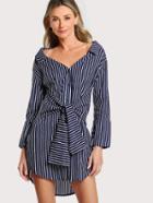 Shein Striped Long Sleeve Button Up Dress Navy