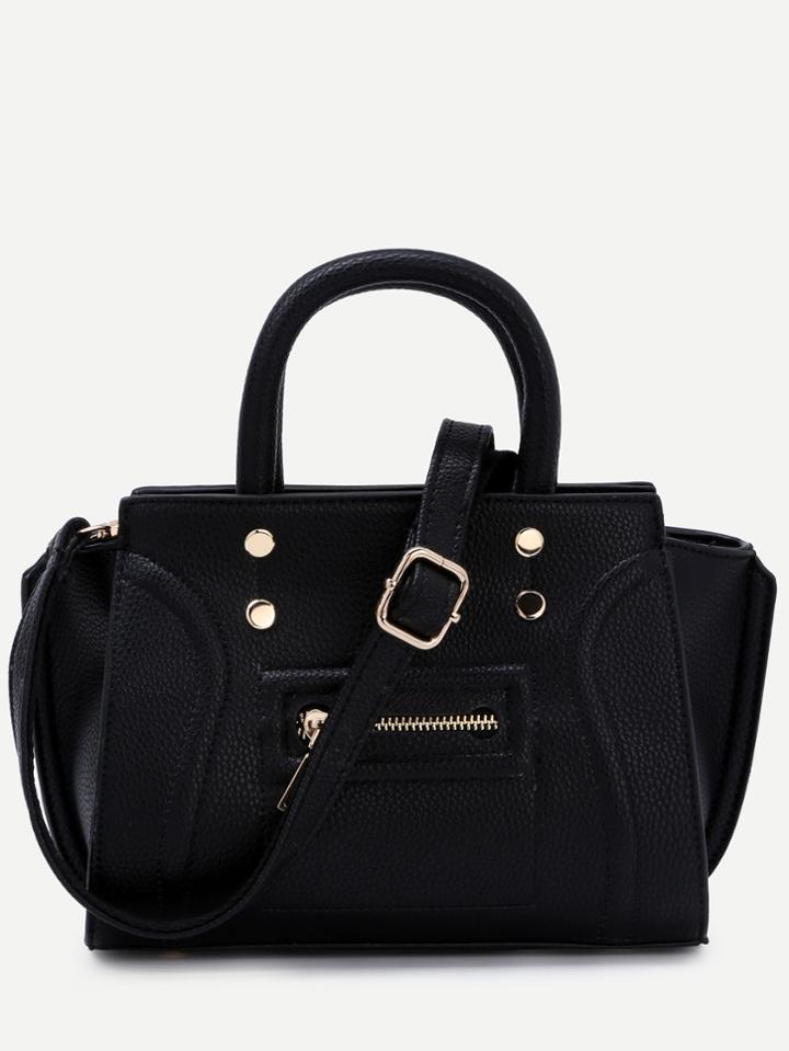 Shein Black Pebbled Pu Front Zipper Tote Bag With Strap