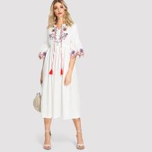 Shein Flower Embroidered Tie Waist Dress