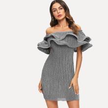 Shein Exaggerate Tiered Flounce Trim Glitter Bardot Dress