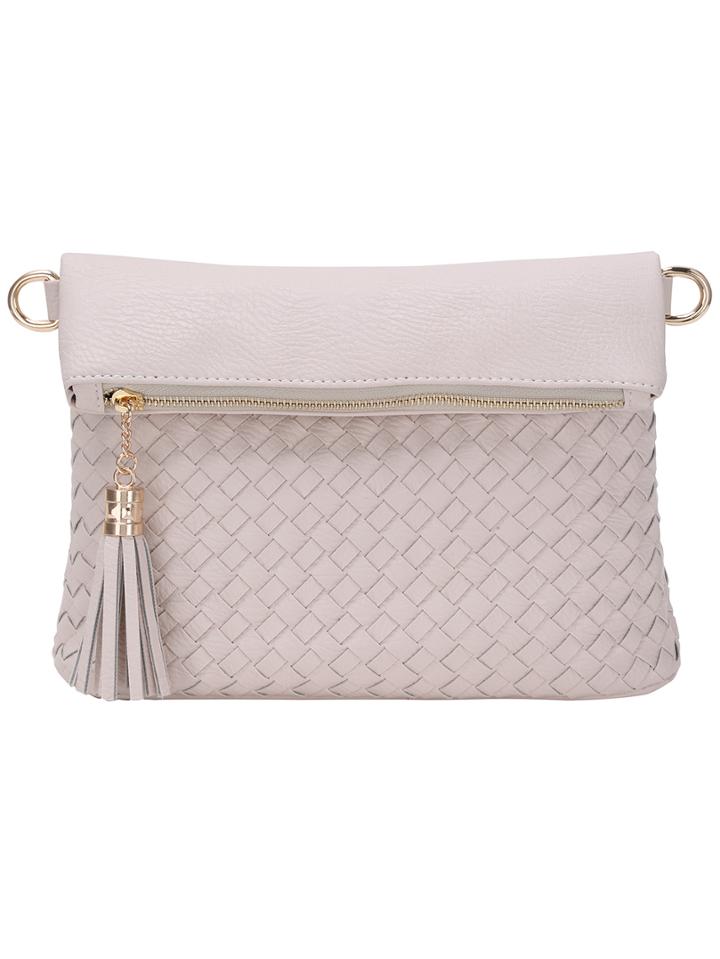 Shein Braided Tasselled Top Zip Off-white Envelope Clutch