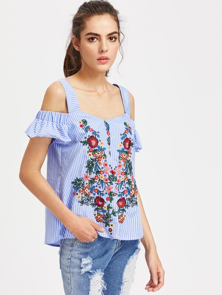 Shein Thick Strap Botanical Embroidered Ruffle Sleeve Top