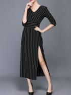 Shein Black V Neck Striped Split Long Dress