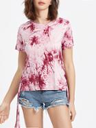 Shein Burgundy Tie Dye Print Lace Up Side T-shirt