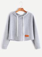 Shein Light Grey Drop Shoulder Drawstring Hooded Patch Crop Sweatshirt