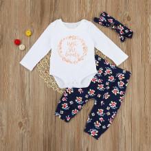 Shein Boys Letter Print Romper & Floral Print Pants Set With Headband