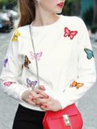 Shein White Butterfly Applique Pouf Sweater