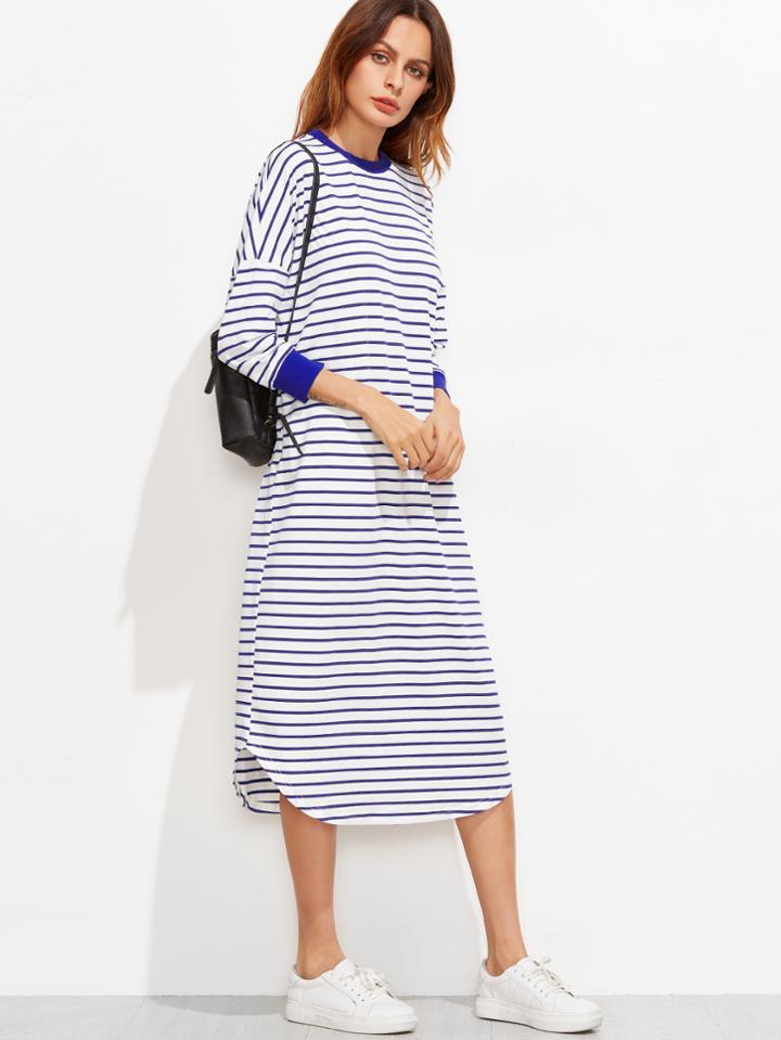 Shein Striped Drop Shoulder Curved Hem Dress