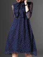 Shein Navy Tie Neck Sheer Sleeve Polka Dot Dress