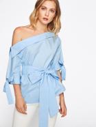 Shein Collared Asymmetric Shoulder Bow Detail Blouse