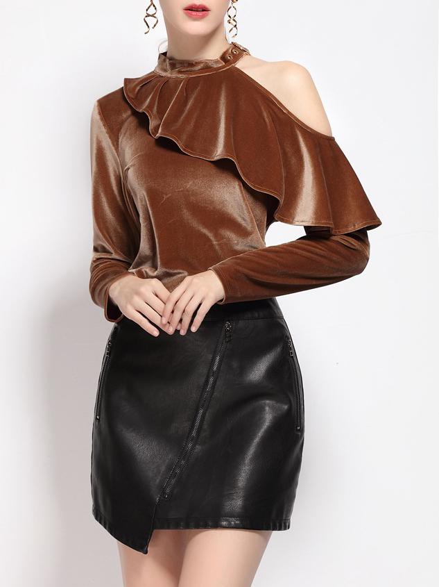 Shein Brown Open Shoulder Ruffle Blouse