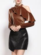 Shein Brown Open Shoulder Ruffle Blouse