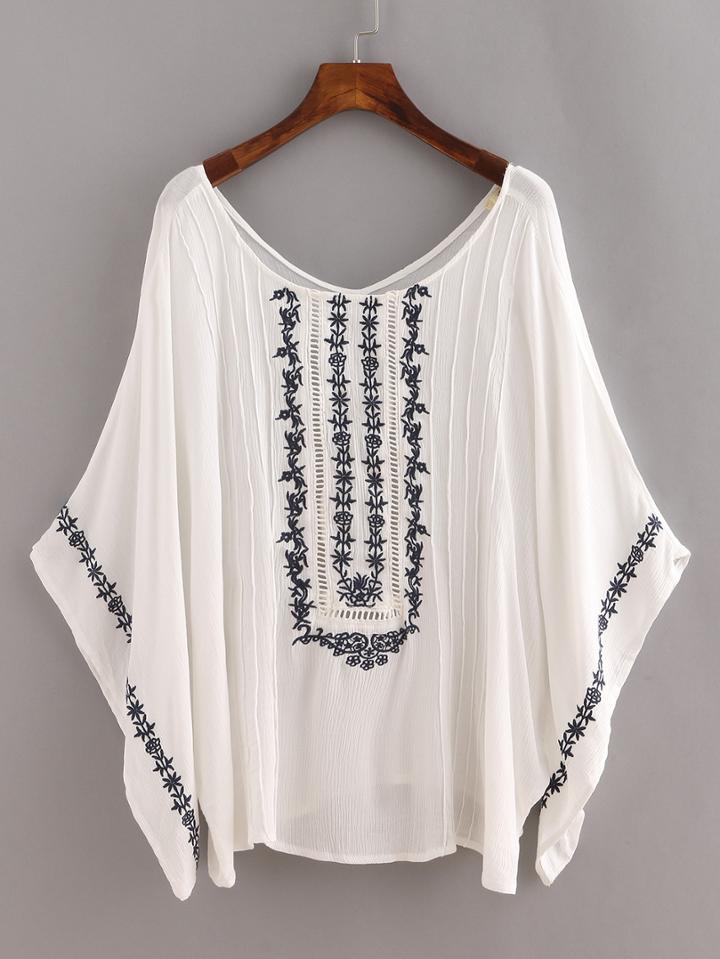 Shein Embroidered Poncho Blouse - White