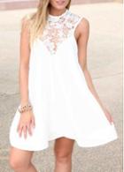 Rosewe Laconic White Cutout Pattern Sleeveless Dress With Lace