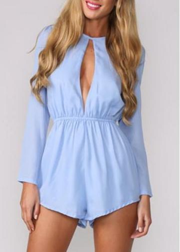 Rosewe Fabulous Blue Hollow Design Long Sleeve Woman Rompers