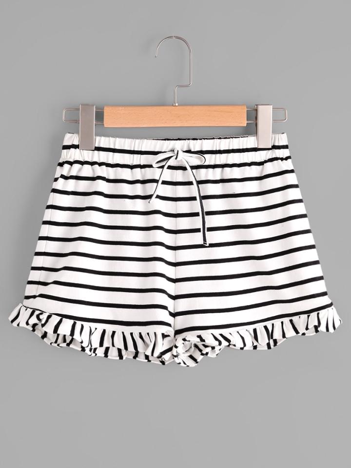 Shein Drawstring Waist Frill Hem Striped Jersey Shorts