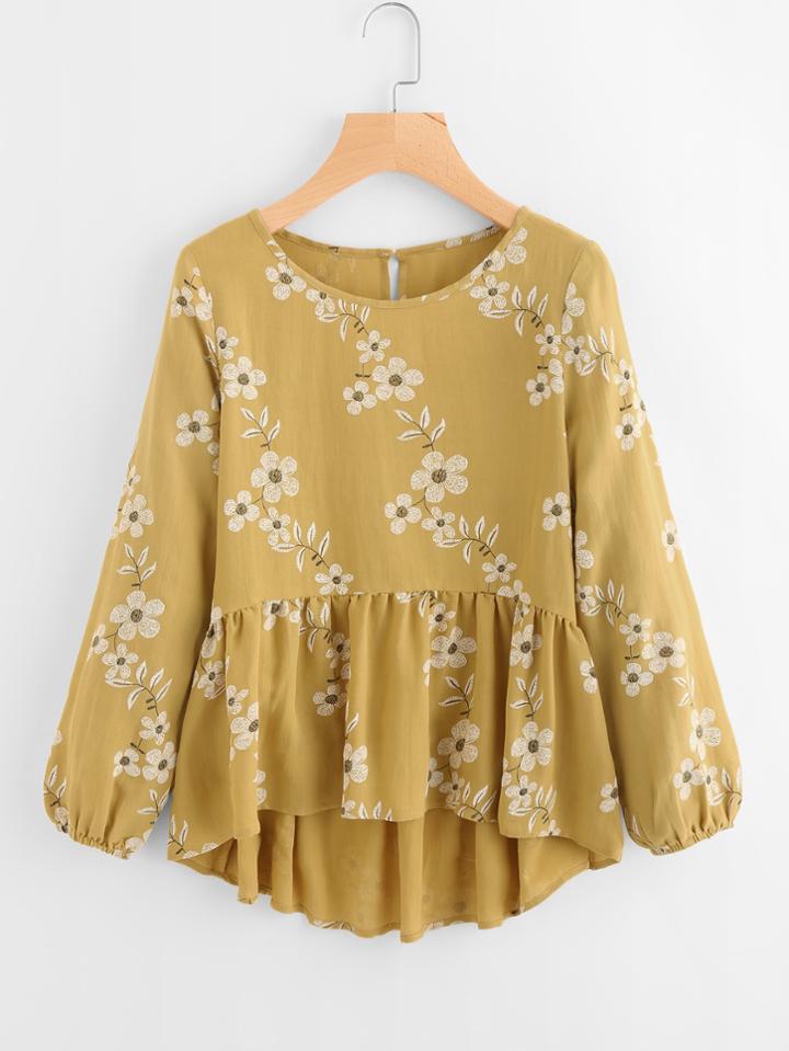 Shein Calico Print Frill Hem Blouse