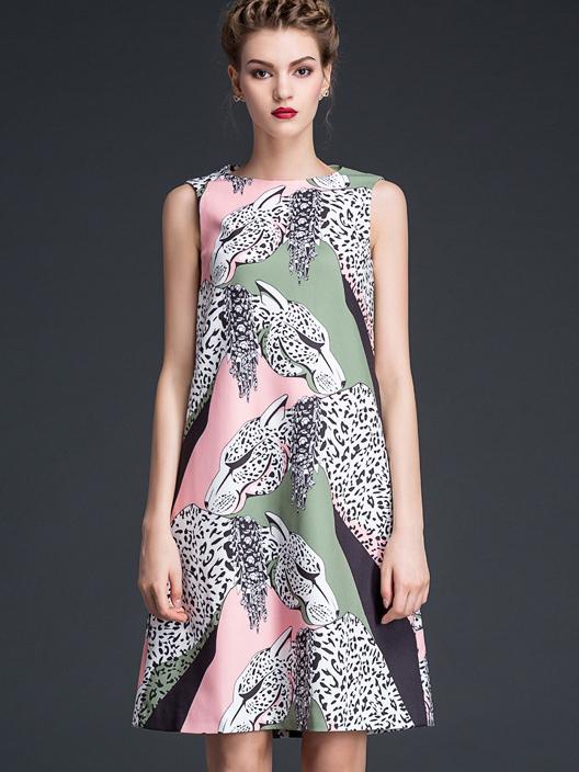 Shein Multicolor Round Neck Sleeveless Leopard Print Pockets Dress