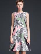 Shein Multicolor Round Neck Sleeveless Leopard Print Pockets Dress